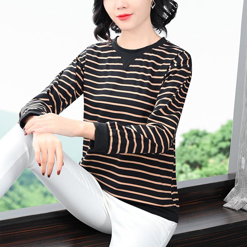 Winter Long Sleeve Striped T Shirt Women Loose Middle Age Mom Base Layer Top