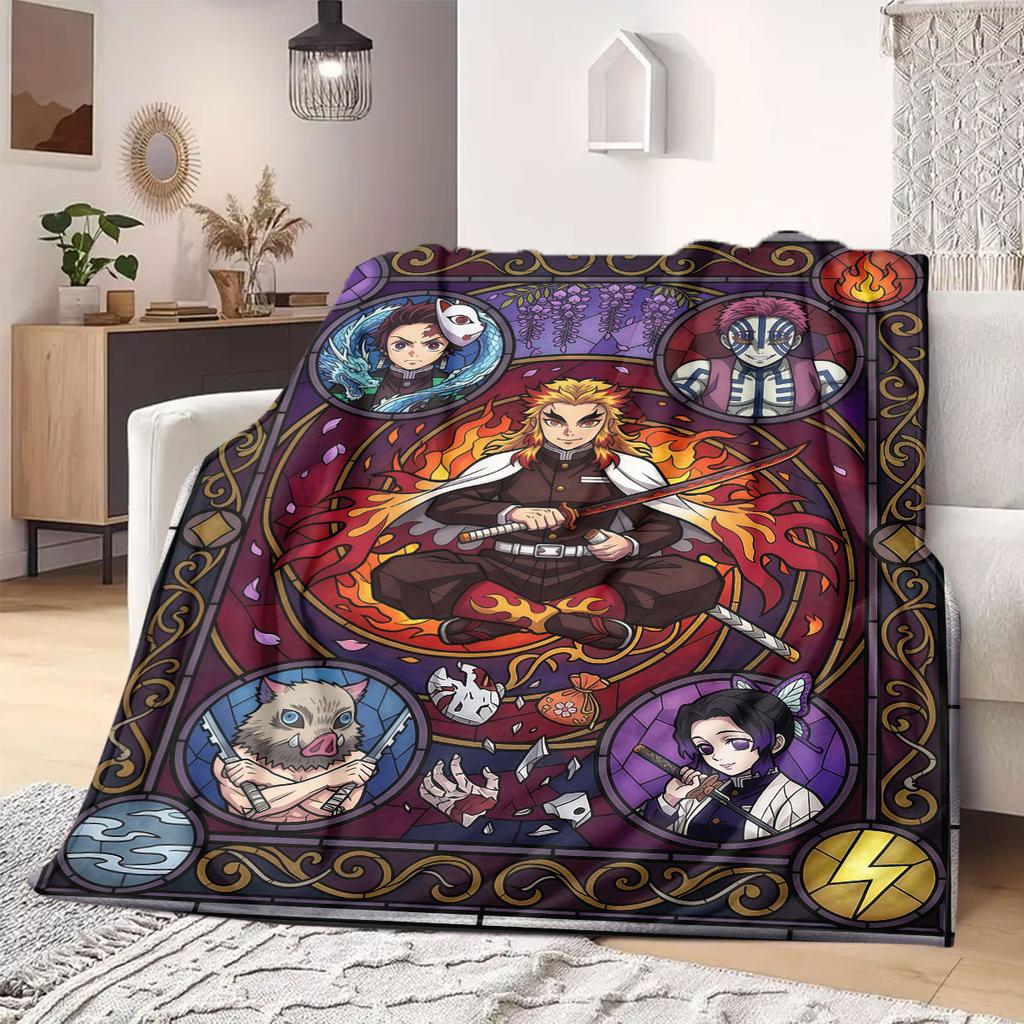 Demon Slayer Deluxe 2D Cartoon Flannel Blanket, Printed Art for Sofa, Soft Bedding for Travel Picnic Rug_LIAN