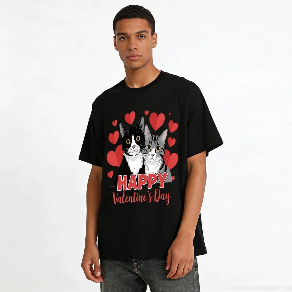 Happy Valentine's Day Cute Cat Heart Print Couple Casual Tops Pure Cotton T-shirt