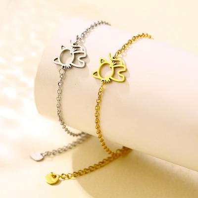 Stainless Steel Hollow Kitten Bracelet: Cute Animal Geometric Design with Smooth Surface