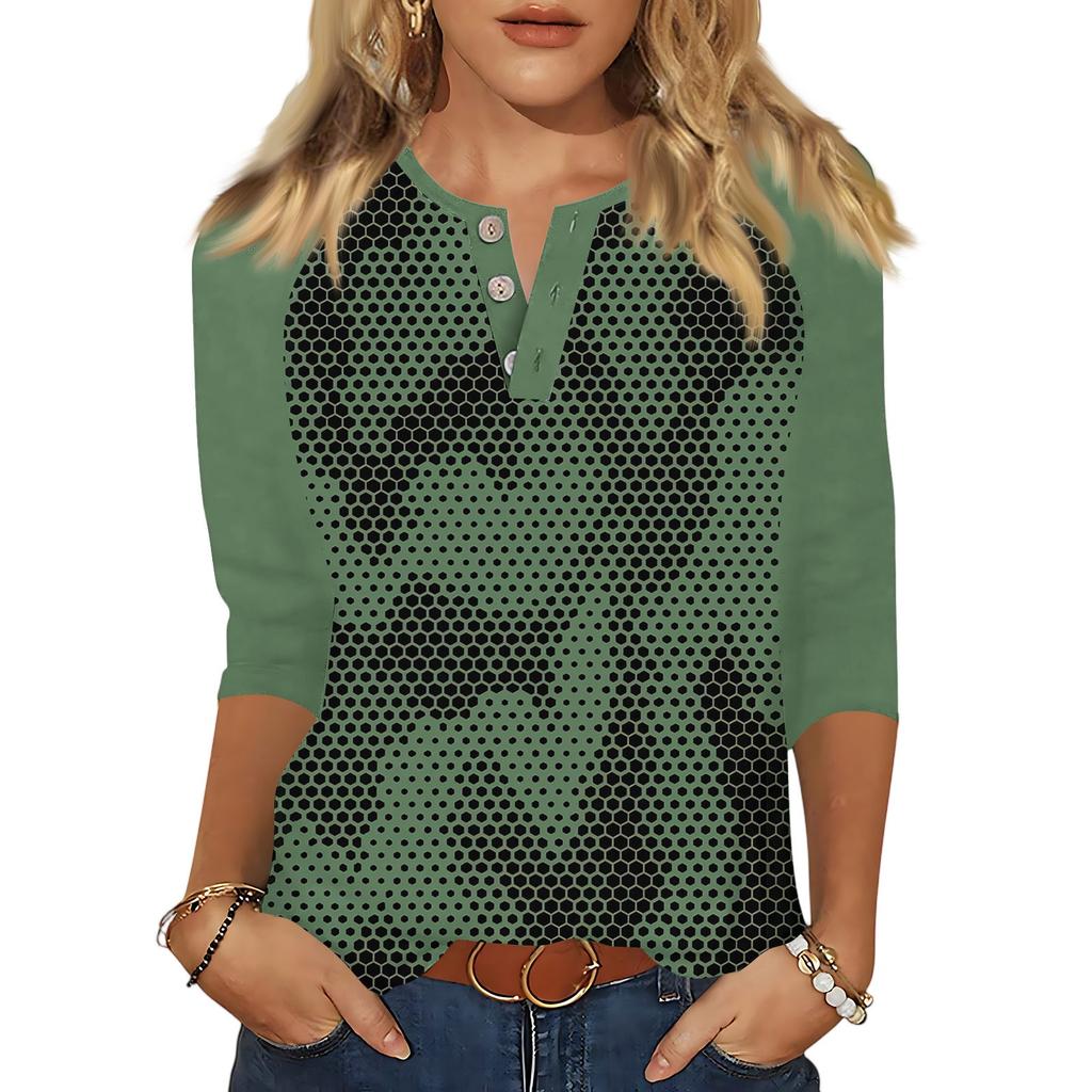 Tricou de damă cu buton imprimat mânecă 3/4 Zilnic la modă de weekend, de bază, cu decolteu în V, obișnuit