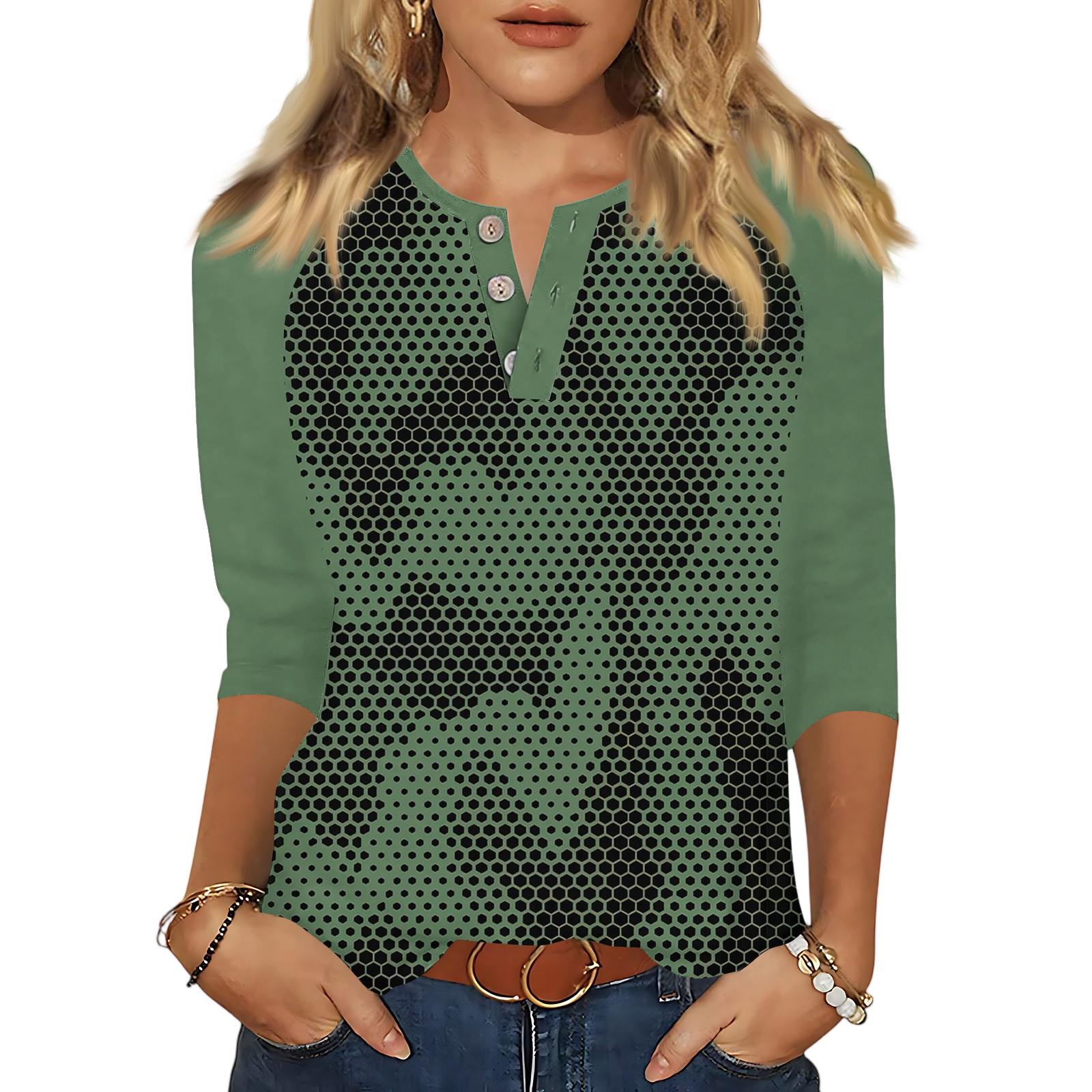

Жен. Футболка С принтом Пуговицы Рукав 3/4 Повседневные Выходные Мода Классический Классический V-образный вырез Обычный Верх XL светло-зеленый
