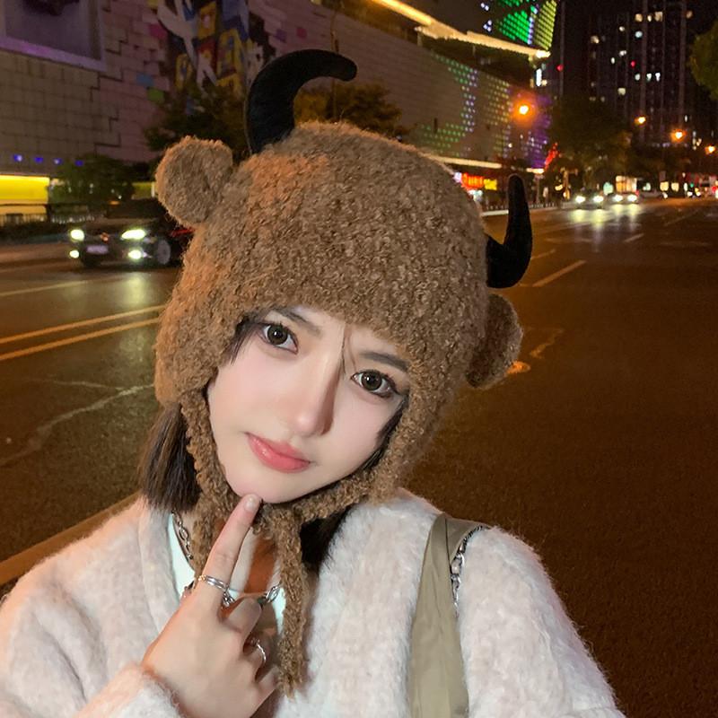 Cozy Knit Hat With Horn Design For Girls And Fashion Enthusiasts