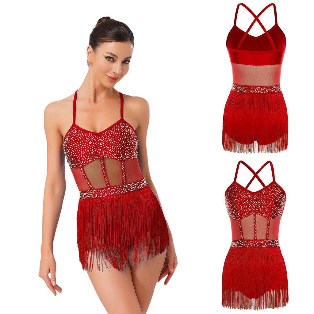 Women's Latin Dance Leotard Jazz Dance Top Sleeveless Fringe Sparkly Bodysuit Samba Salsa Dancewear