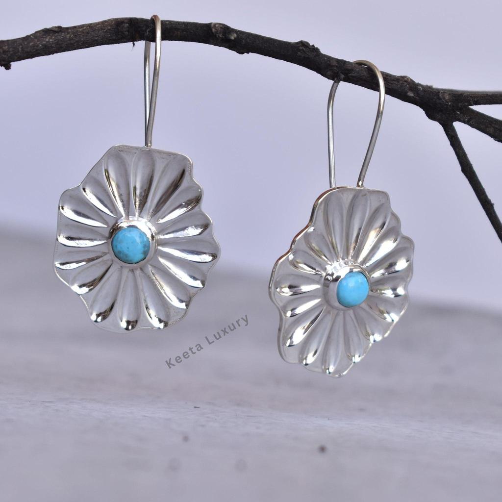 Genuine turquoise earrings, turquoise dangle earrings, bohemian Sterling silver long earrings, Flower dangle, Bridesmaid gift, Gift for her