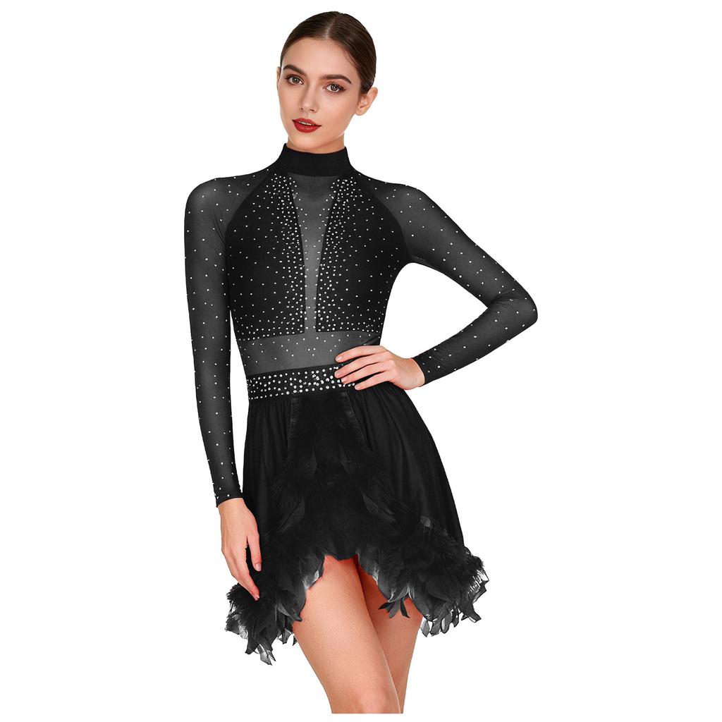 Dámské výkonnostní taneční šaty s péřovým lemem, zdobené kamínky, falešným výstřihem, průsvitnými síťovanými rukávy a vestavěnými kalhotkami