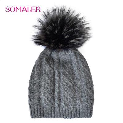 Winter Hats for Women Real Fur Pompom Beanies Hat Wool Knitted Warm Ski Caps