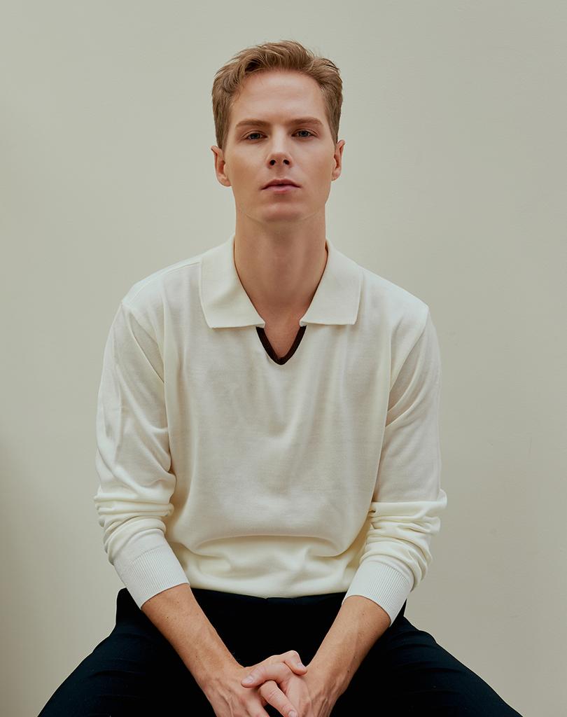 DEVERRMAN V-Neck Contrast Polo Knit (White)