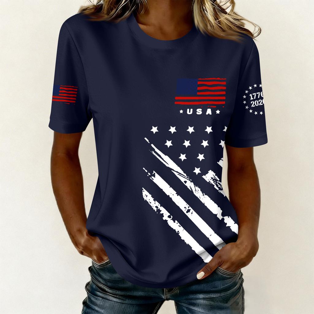 Women's Casual Printed T-Shirt Round Neck Pullover Short Sleeve Top