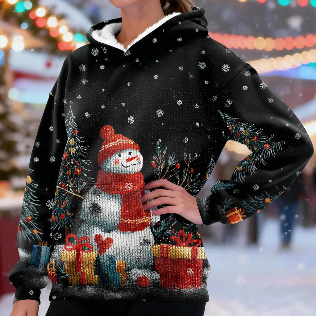 Women's Fashion Casual Long Sleeve Christmas Printed Hooded Sweatshirt