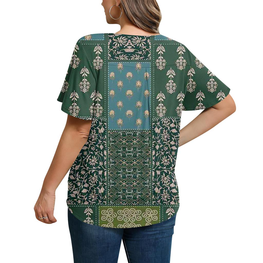 Women's Plus Size Fashionable Casual Loose-Fit Short Sleeve Elegant V Neck Blouse For Work