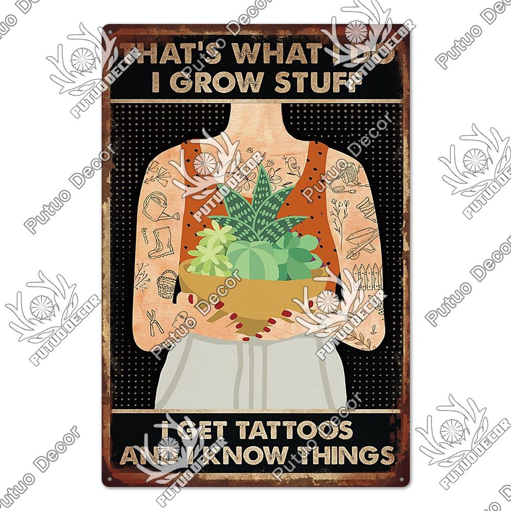Putuo Decor Funny Cat Tin Sign Girls Flowers Vintage Plaque Metal Sign Retro Skeleton for Garden Farm Home Decoration Wall Decor