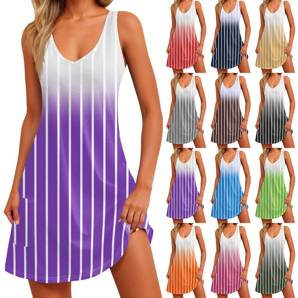 Women's Casual Sundress With Pockets Summer Boho Beach Dress  Printed Blouses For Women T-Shirts Dress V Neck Loose Tank Dresses