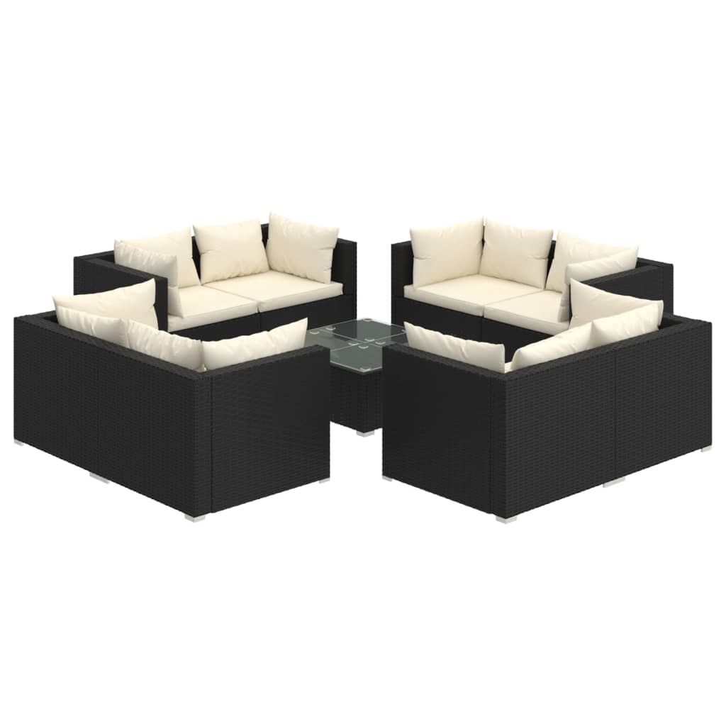 Vidaxl 9-Cz. Garden Lounge Set, Cushions, Black PE Rattan