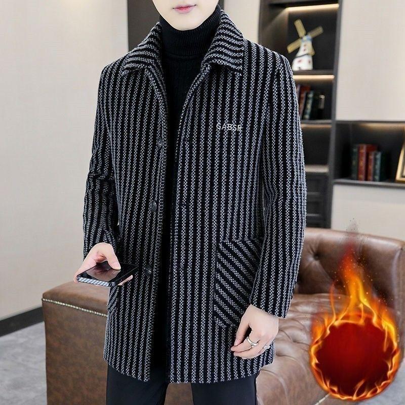 Winter Wool Fleece-lined Warm Men's Mid-length Fashionable Wool Coat Thickened Lapel Striped Handsome Versatile Trench Coat