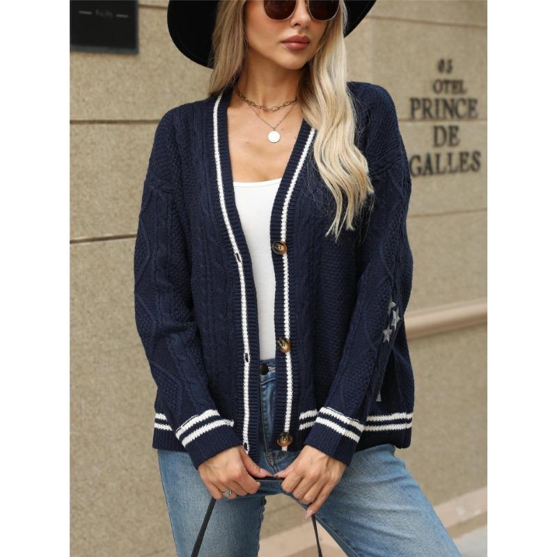 Star Patterned Women's V-neck Sweater Jacket Solid Color Long Sleeved Single Breasted Warm Jackets Autumn and Winter Woman Casual Cardigan