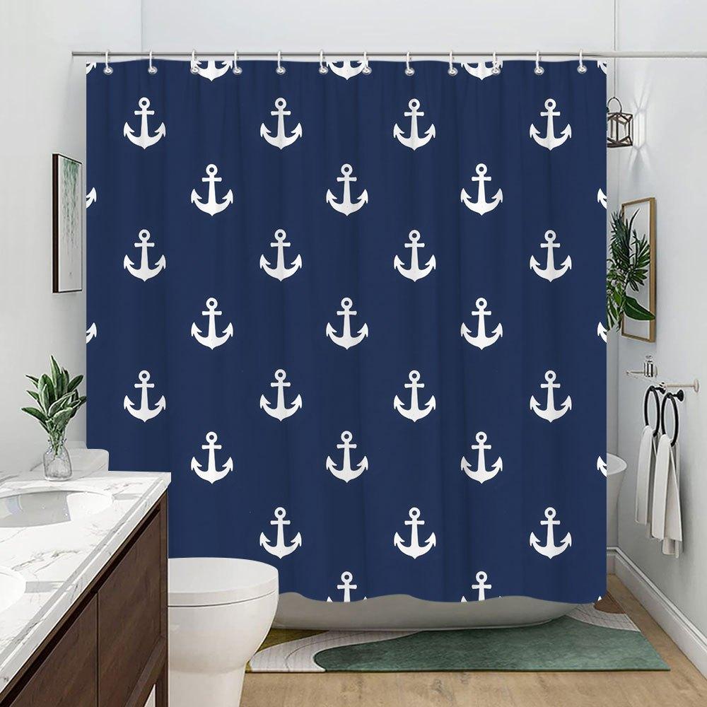 Mörkblå Ankare Duschdraperi - Klassiskt Sjöfartstema, Vita Ankare på Djupblått, Polyester med 12 Krokar,