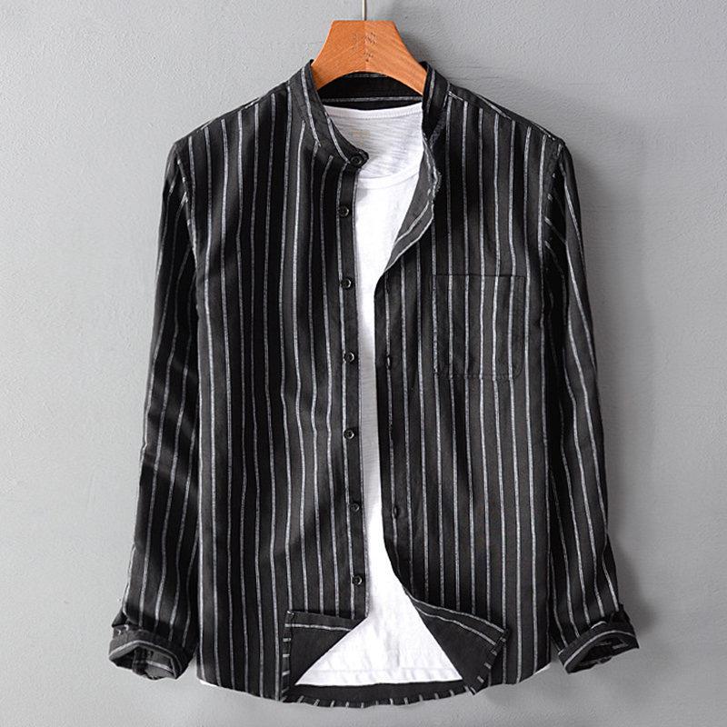 Men's Spring and Fall Retro Striped Long-sleeved Shirt Stand-up Collar Casual Shirt Loose Cotton Shirt