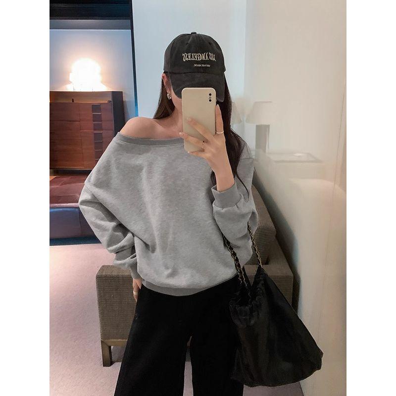 

Американский Ретро Свитшот с Открытым Плечом на Одно Плечо Женский Весенне-Осенний Новый Поступление Свободный Модный Маленький Пуловер Топы Spring and Autumn gray pure color L