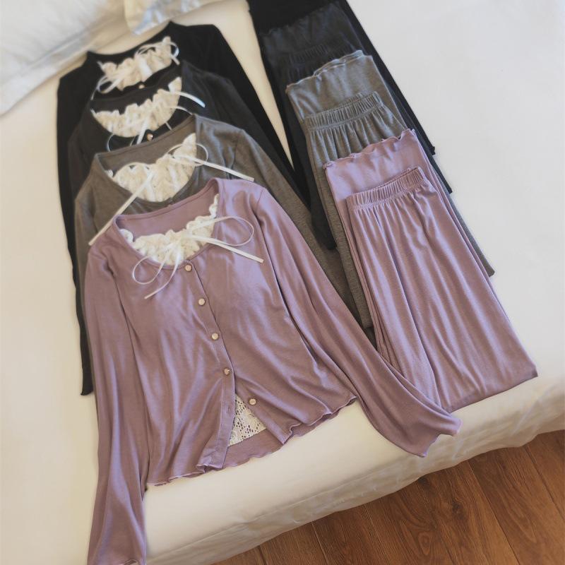 Chunqiu Damen Süßes Spitzen Modal Viskose Pyjama-Set mit Brustpolster - Langarm & Hose