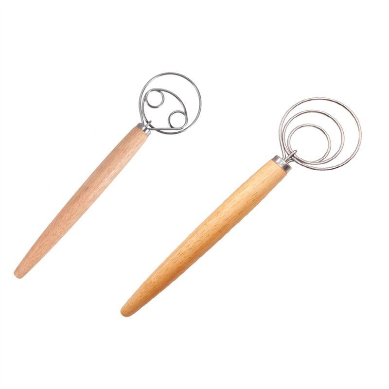 Practical-Dough Whisk Stainless Steel Dough Whisk Danish Dough Whisk Dutch Style Bread Dough Hand Mixer Wooden Handle Kitchen Ba
