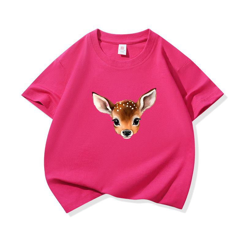 Kids Cotton T Shirt Cute Peeking Deer Print Crew Neck Short Sleeve Tee Casual Breathable Boys Girls Summer Tops
