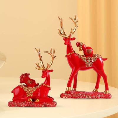 Set of 2 Reindeer Couple Figurines Decorative Centerpiece Elk Sculpture Gift Modern Deer Statues for Shelf Wedding Living Room Red (RED)