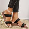 Spring New Large Size Woven Belt One-word Wedge Slippers Women Wear Round Head Thick Bottom Medium Heel Thick Bottom Cool Slippers