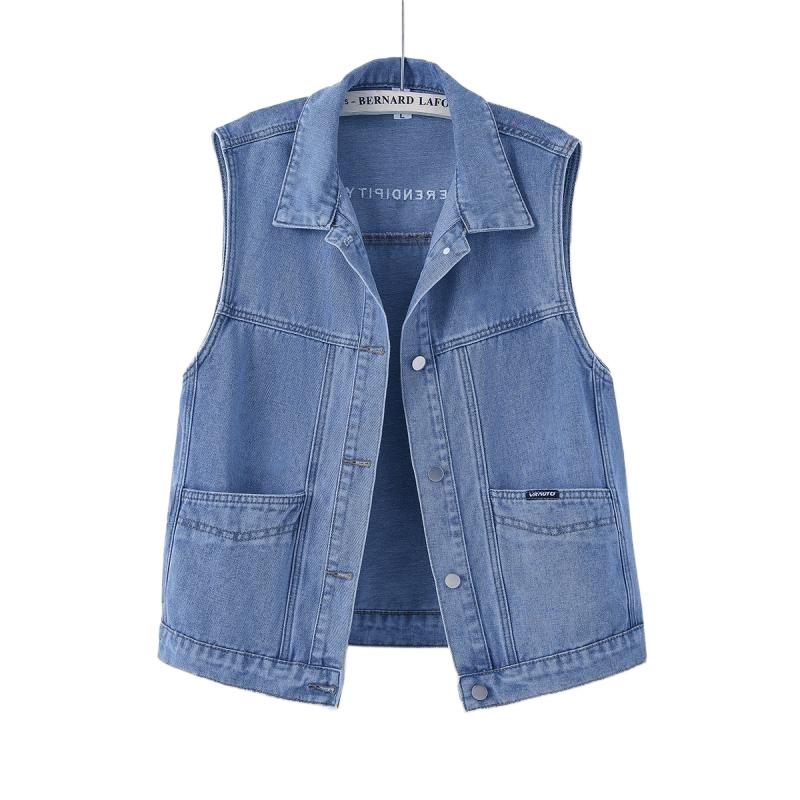 Plus Size Women's Denim Vest with Large Pockets for Spring/Fall