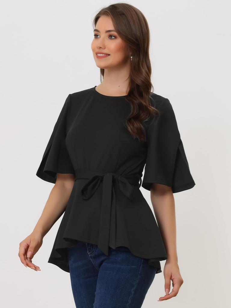Allegra K Peplum Short Sleeve Split Crew Size M Women's Top, Blouse, Neck, Belted, Casual, Black,