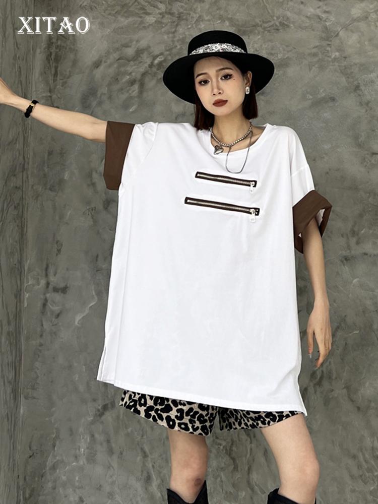 

XITAO Loose Casual T-shirt Contrast Color Fashion Zipper Decorate Women Top WLD20196