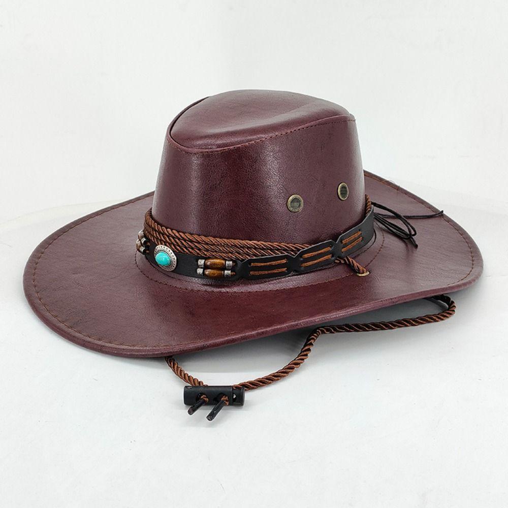 Solid Color Western Cowboy Hats Faux Leather Jazz Cap Casual Cowgirl Cap  Unisex