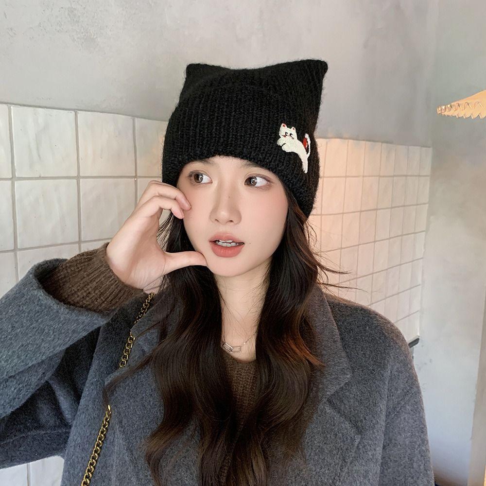 Embroidered Cat Cat's Ears Knitted Hat Soft Woolen Hat Sweet Warm Cap  Outdoor