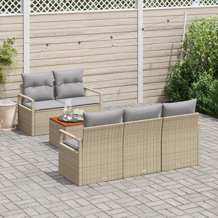 Ensemble de 6 pièces de canapé de jardin avec coussins beige en rattan poly acacia, Canapé de jardin 2 places avec coussins 3347644