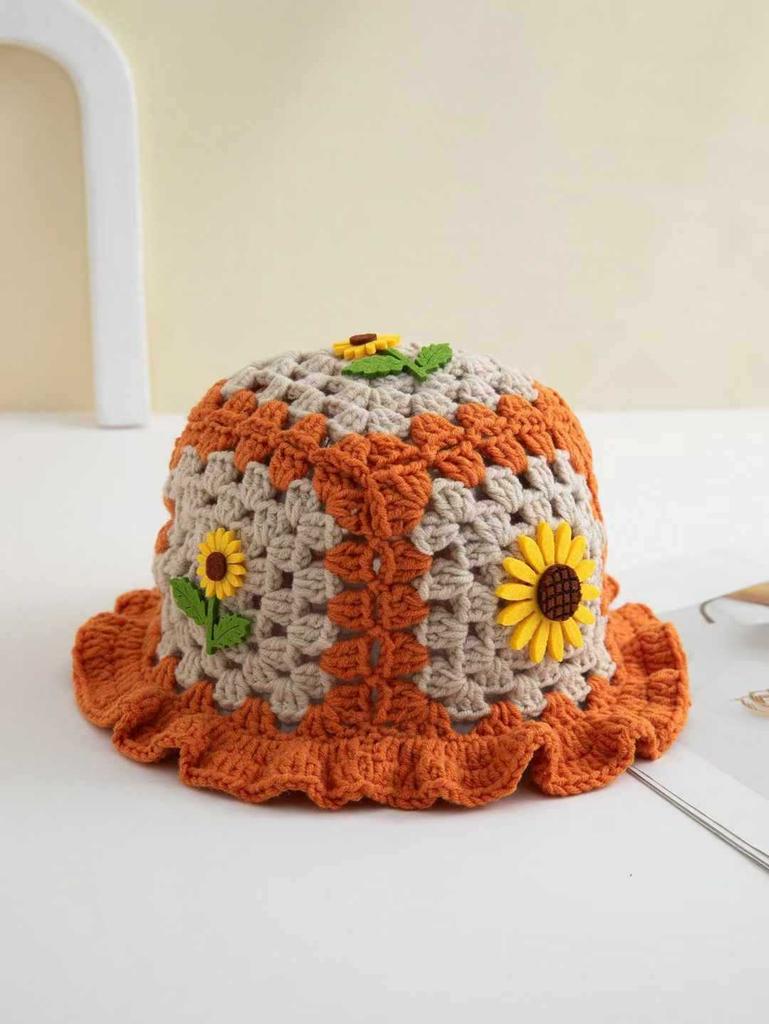 Handmade Knitted Sunflower Fisherman Hat For Autumn And Winter Women, Cute And Playful Fun, Fungus Edge Wool Knit Crochet Hat, Adult Hat