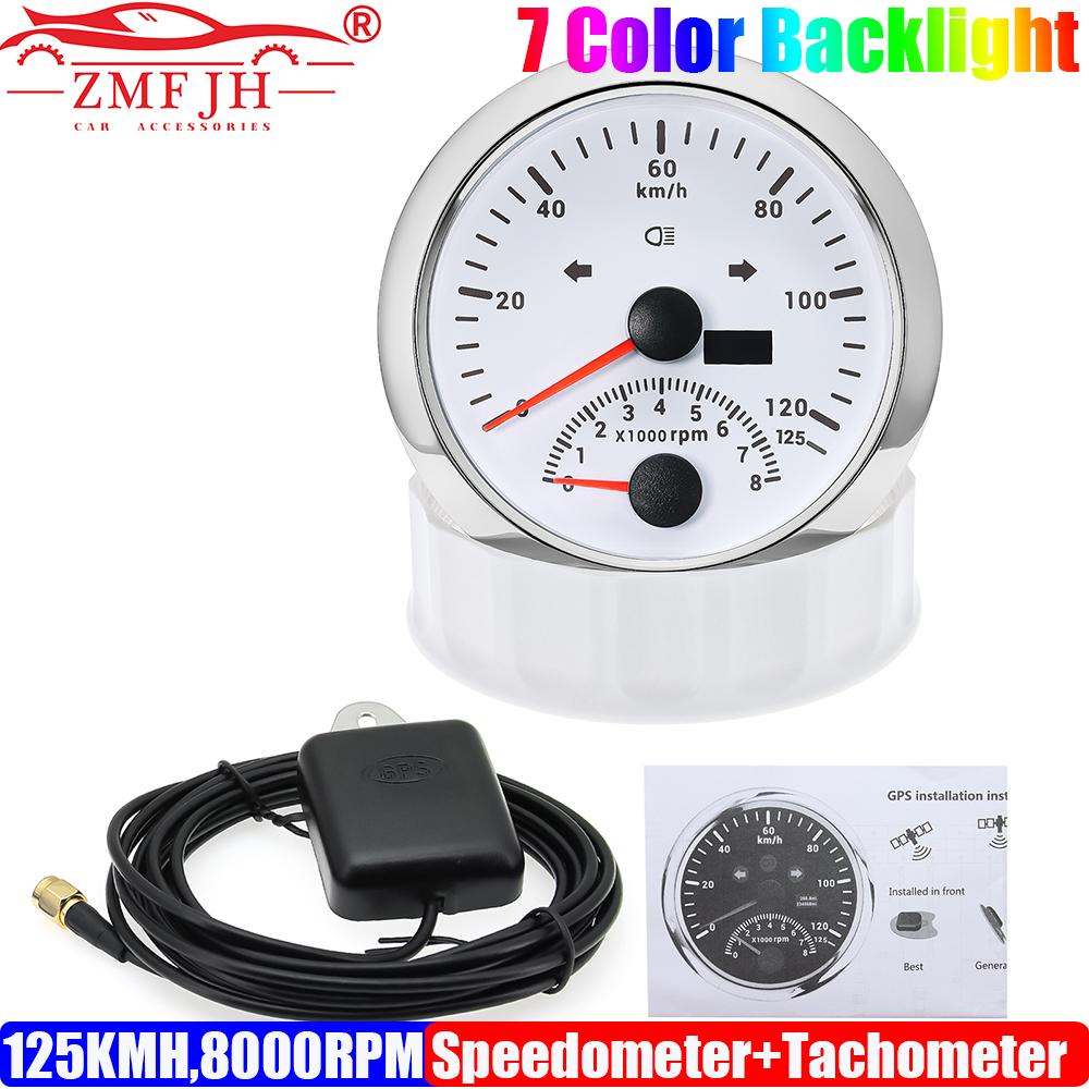 

ZMFJH 120KMH,160KMH,200KMH GPS Speedometer+Tachometer 0~8000RPM 85MM Gauge+Antenna Left Right Turn Light Odometer Mileage 7Color 125KMH WS