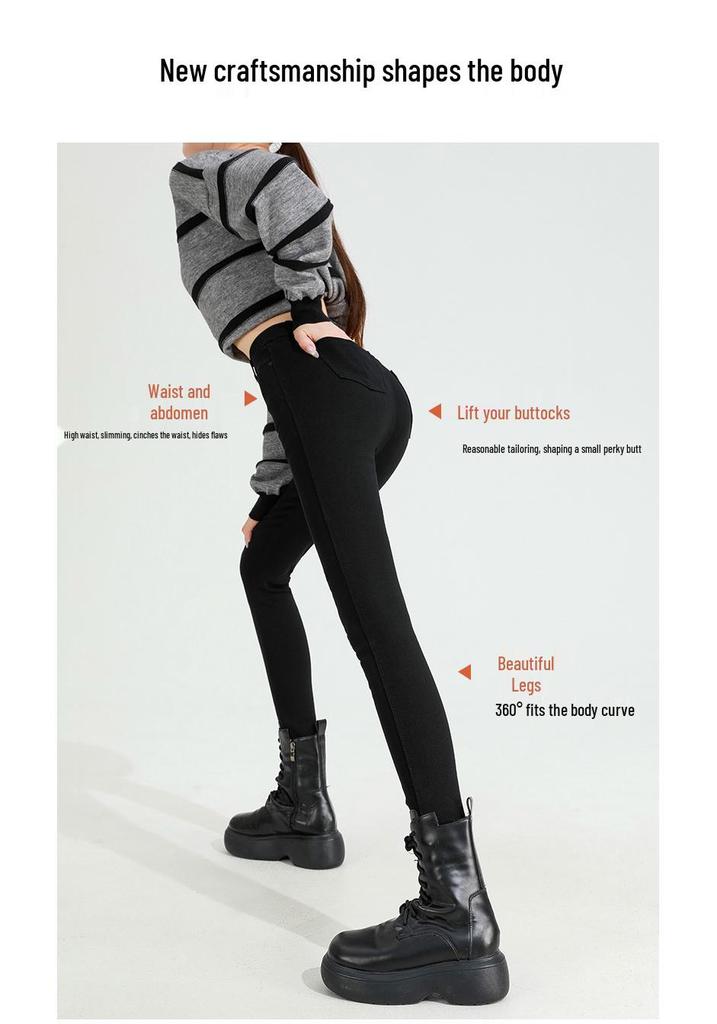 Tall Women's High-Waisted Plus Velvet Skinny Black Pants - Autumn/Winter 2025