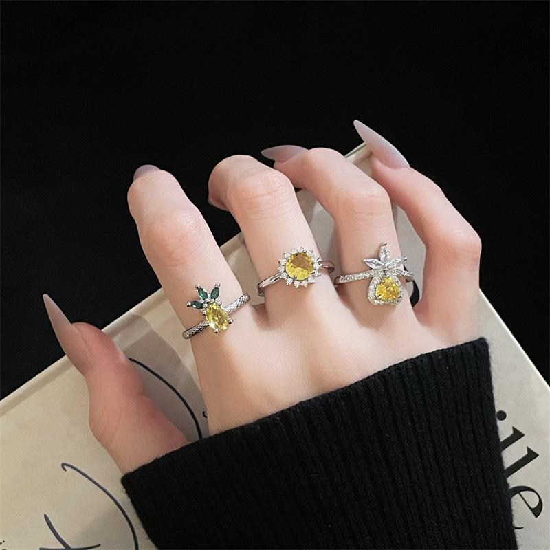 Yellow Diamond Series Color Treasure Open Ring Full Of Diamonds Zircon Exquisite French Light Luxury Premium Sense Adjustable Ring