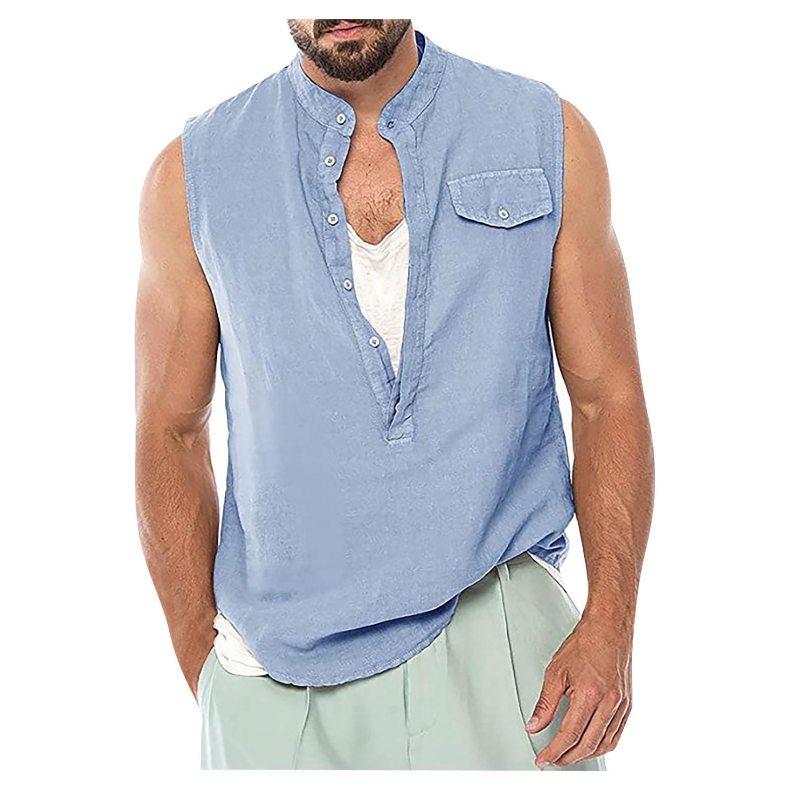 

Мужской хлопковый льняной камзол с воротником, свободный жилет без рукавов, свободная футболка на пуговицах, топ, толстовка для фитнеса L