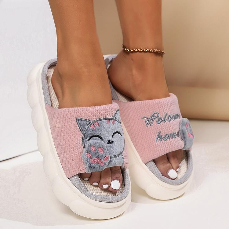 Linen Casual Slippers Women House Platform Cute Cartoon Cat Designer Shoes Girls Flat Elegant Footwear Indoor Large Size