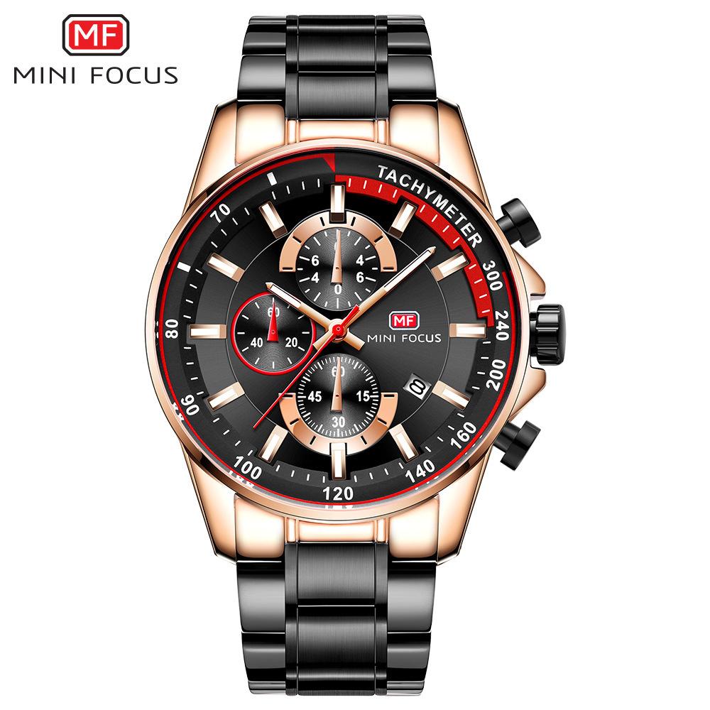 Mini Focus Fashion Steel Belt Speed Measurement Men'S Watch Three-Eye Chronograph Calendar Luminous Waterproof Quartz Watch 0218G