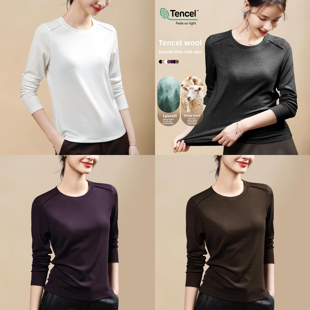 Laseer Tencel Wool Long Sleeve Womens Slim Fit Top With Round Neck For Casual Wear