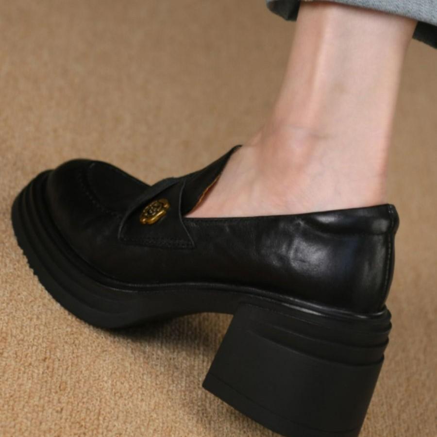 Schwarze Plateau-High-Heel-Einzelschuhe Damen Herbst Slipper Mode Ein-Pedal Wasserdicht Tisch Dicke Absätze Kleine Lederschuhe Damen