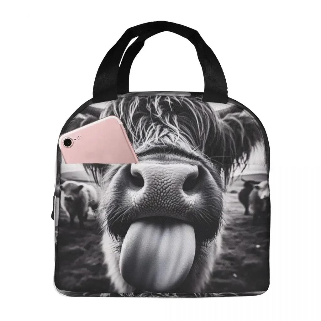 Hochlandkuh mit lustig herausgestreckter Zunge Isolierte Lunchtasche für Damen Kinder Auslaufsichere Lebensmittelboxen Thermos-Lunchbox Tragetasche