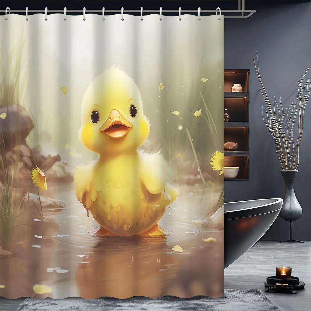 Charming Duck Shower Curtain - Rainy Scene, Yellow Duck Wall in Living Room, Bedroom Decoration - Comfortable