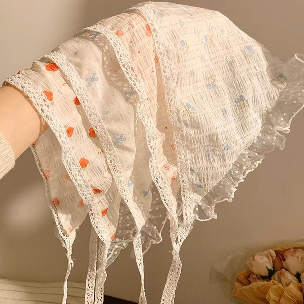 Sweet Floral Lace Hair Scarf Wraps Women Triangle Headscarf Thin Breathable Ribbon Retro Hair Accessories Headwear Turban Scarf