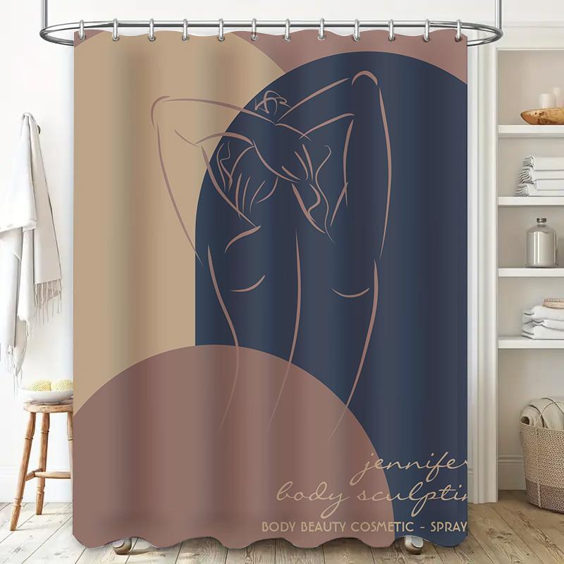 Minimalist Chic Shower Curtain Set Modern Artistic Design for Bathroom Decorations Beige Navy Blue Color Scheme