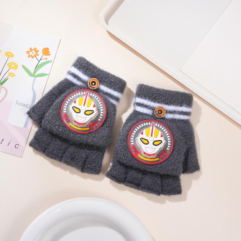 Kids' Cartoon Knitted Flip-Top Fingerless Winter Gloves - Unisex, Warm, Velvet-Lined, Thickened
