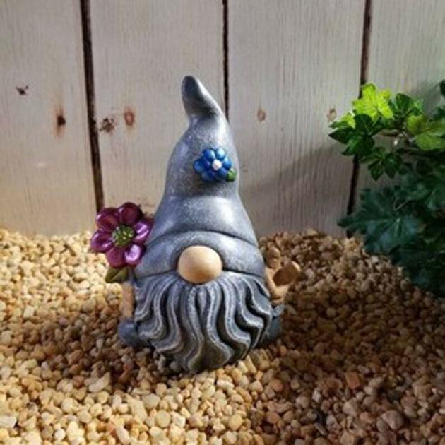 X Hot Popcorn Statua Gnomo Da Giardino Solare Con LED - Decorazione Da Esterno E Interno, Gnomo Blu Con Cesto Di Fiori Illuminato, 17cm