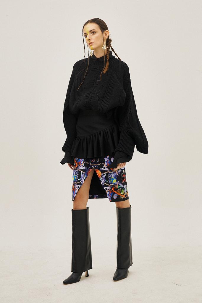 Greedius Electric Slider Ruffle Front Slit H-Line Skirt
